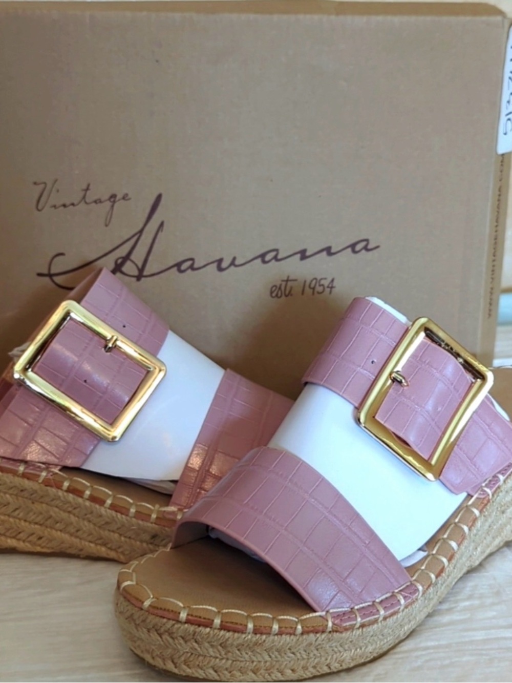 Vintage Havana Blush Pink & White Espadrille Wedge Slides with Gold Buckles